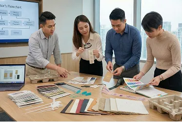 Team reviewing packaging and trim samples