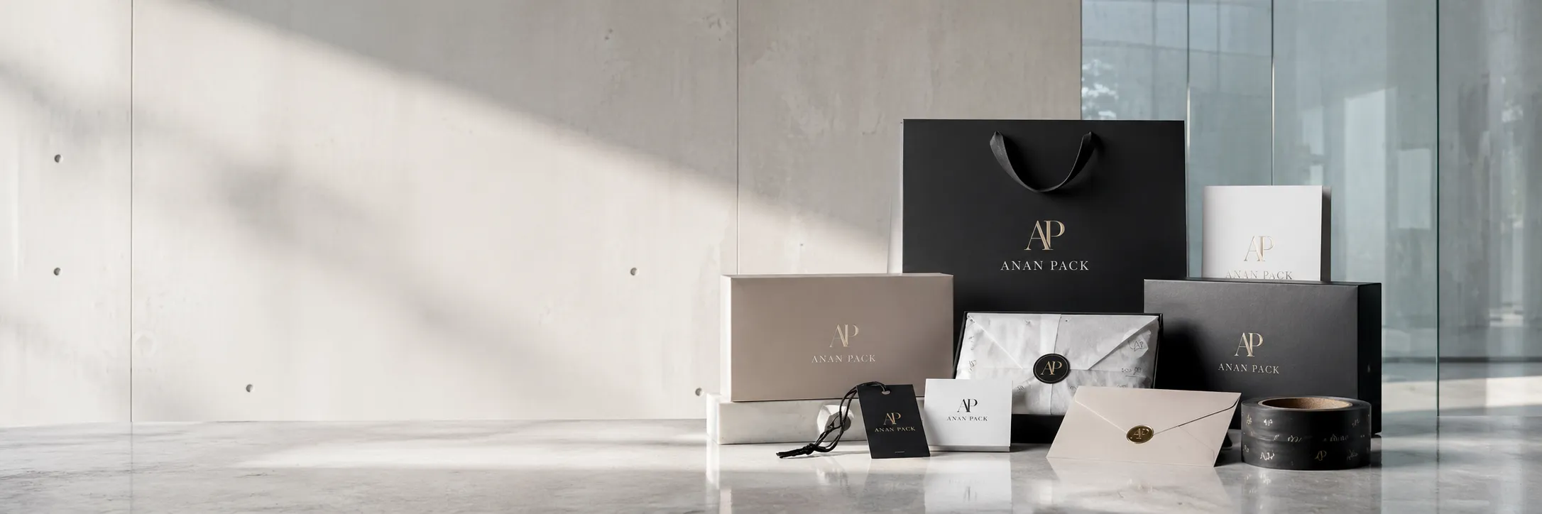 Premium packaging collection arranged in a modern showroom