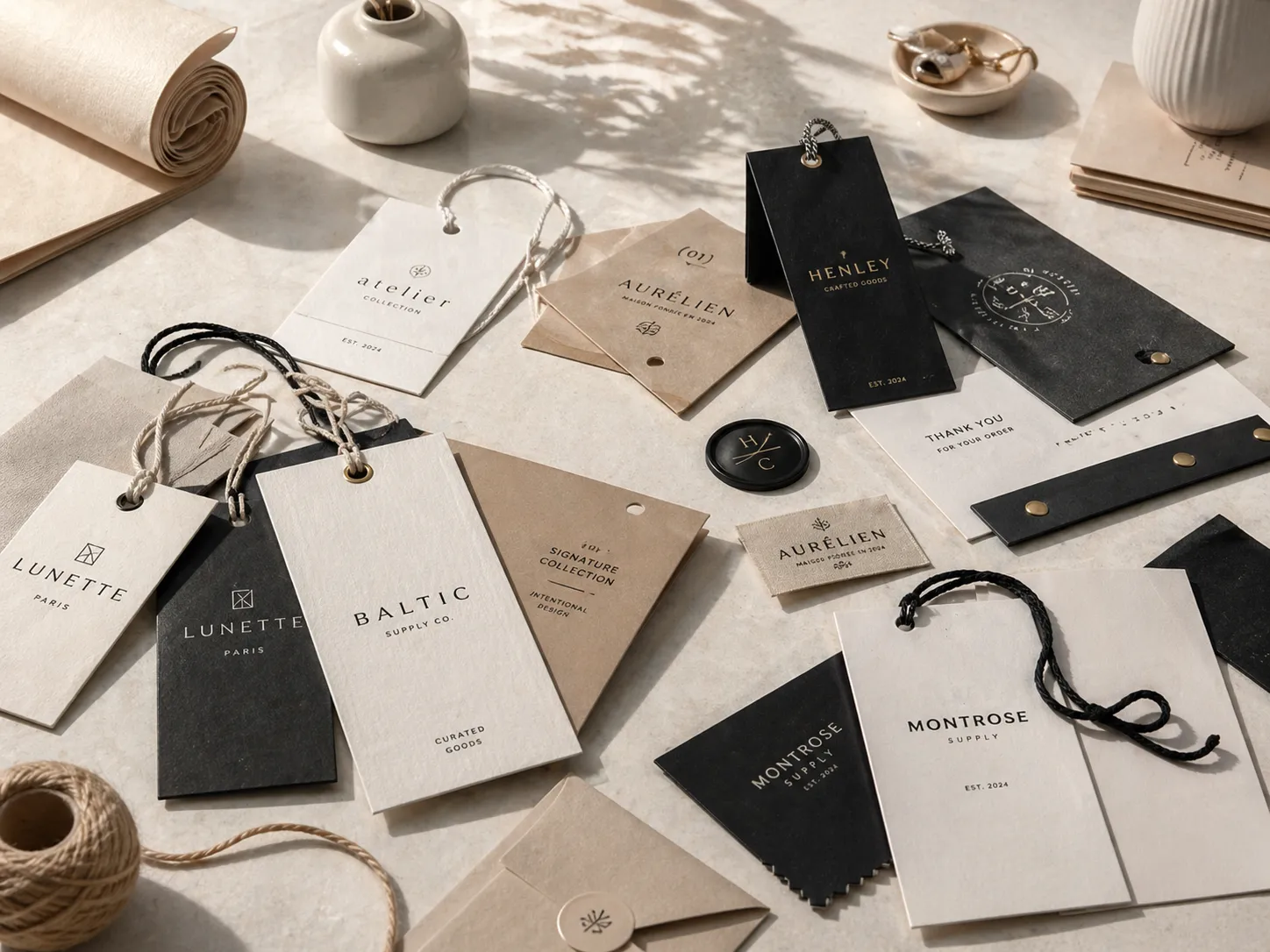 Custom hang tags, labels, and trim materials laid out on a work surface