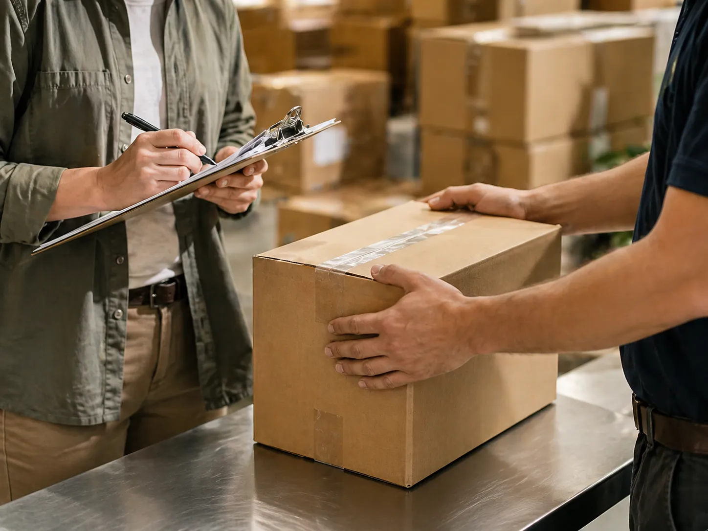 A packaging shipment being checked and handed over