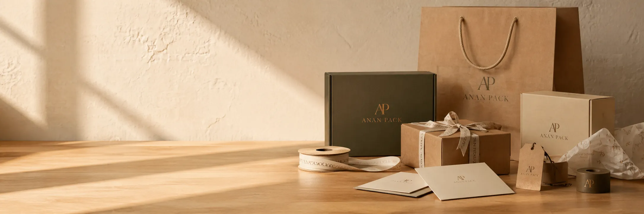 Packaging gift boxes, bags, ribbon, and cards arranged on a wooden table