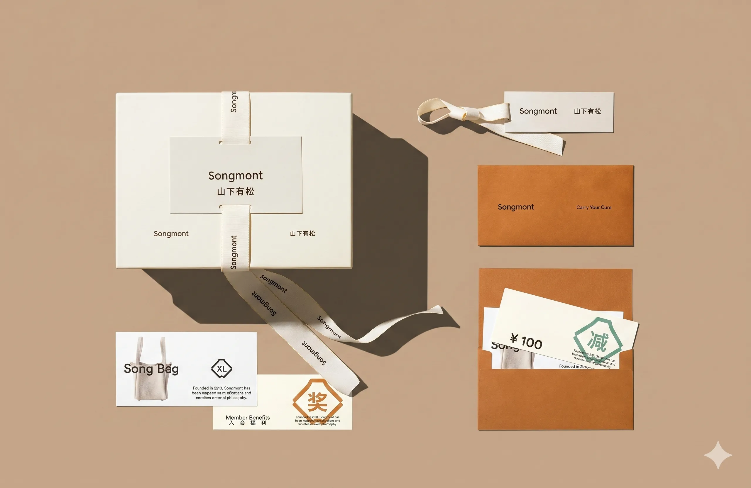 Cosmetics hang tags and seals in neutral tones