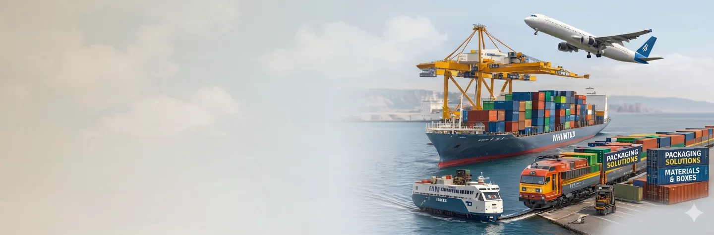 Cargo ship, train, ferry, containers, and airplane in a logistics scene