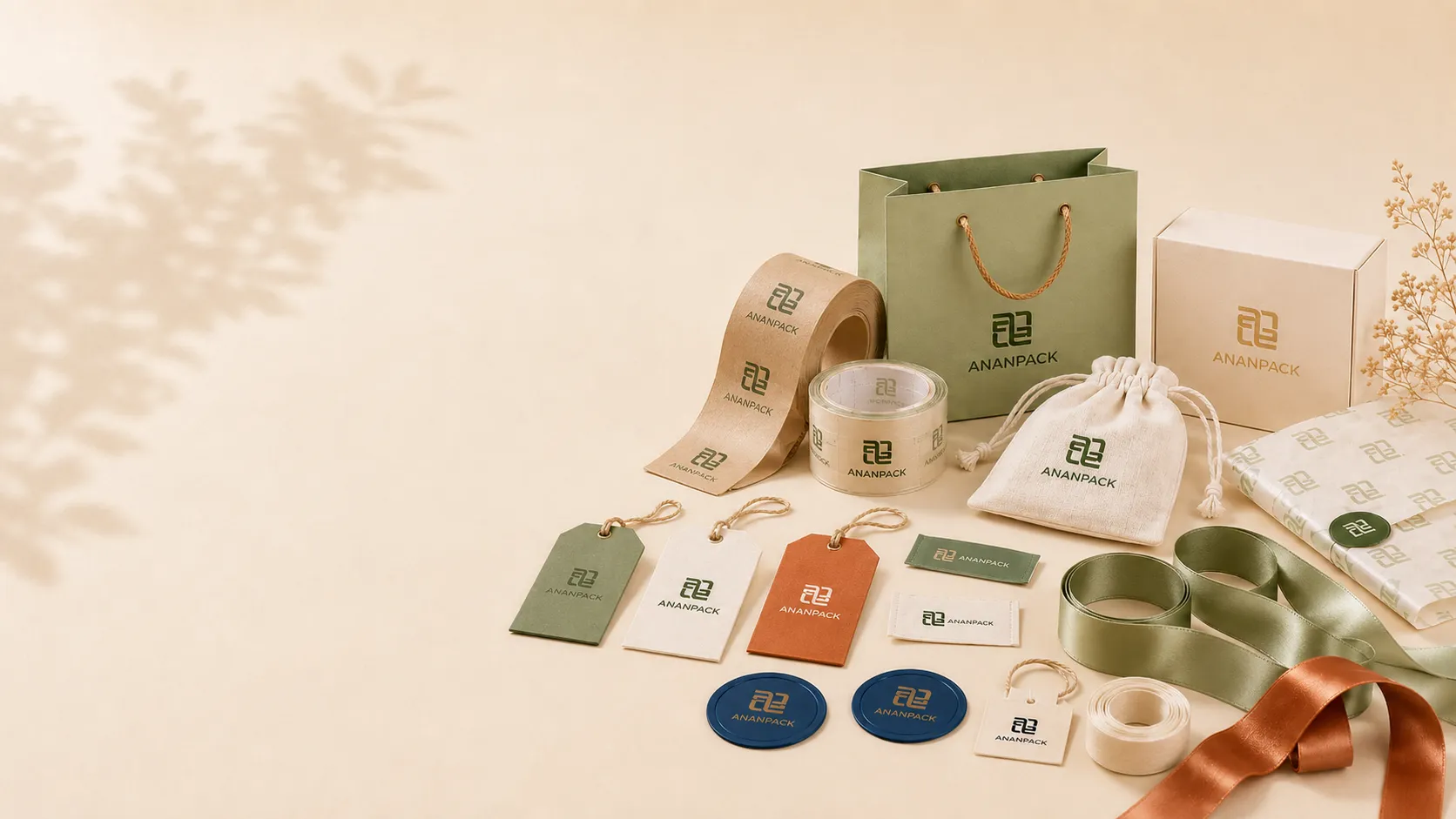 Custom packaging, tags, ribbons, and cotton bags arranged on a table