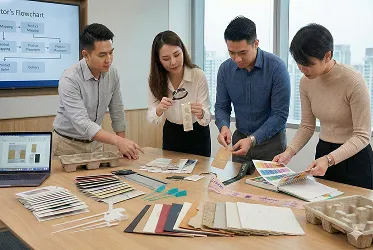 Professional sourcing team reviewing dust bag samples