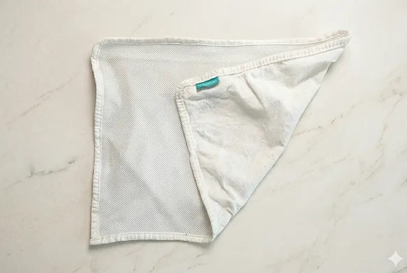 Reusable cotton pouch with mesh window front view