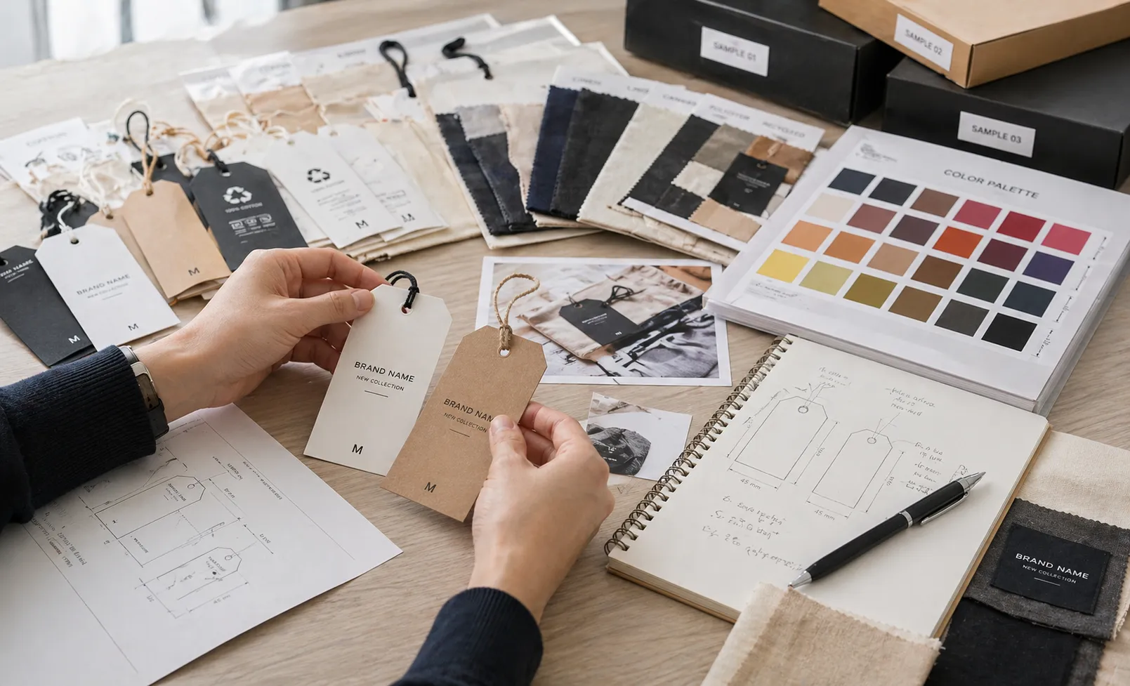 Packaging samples and material swatches during product development