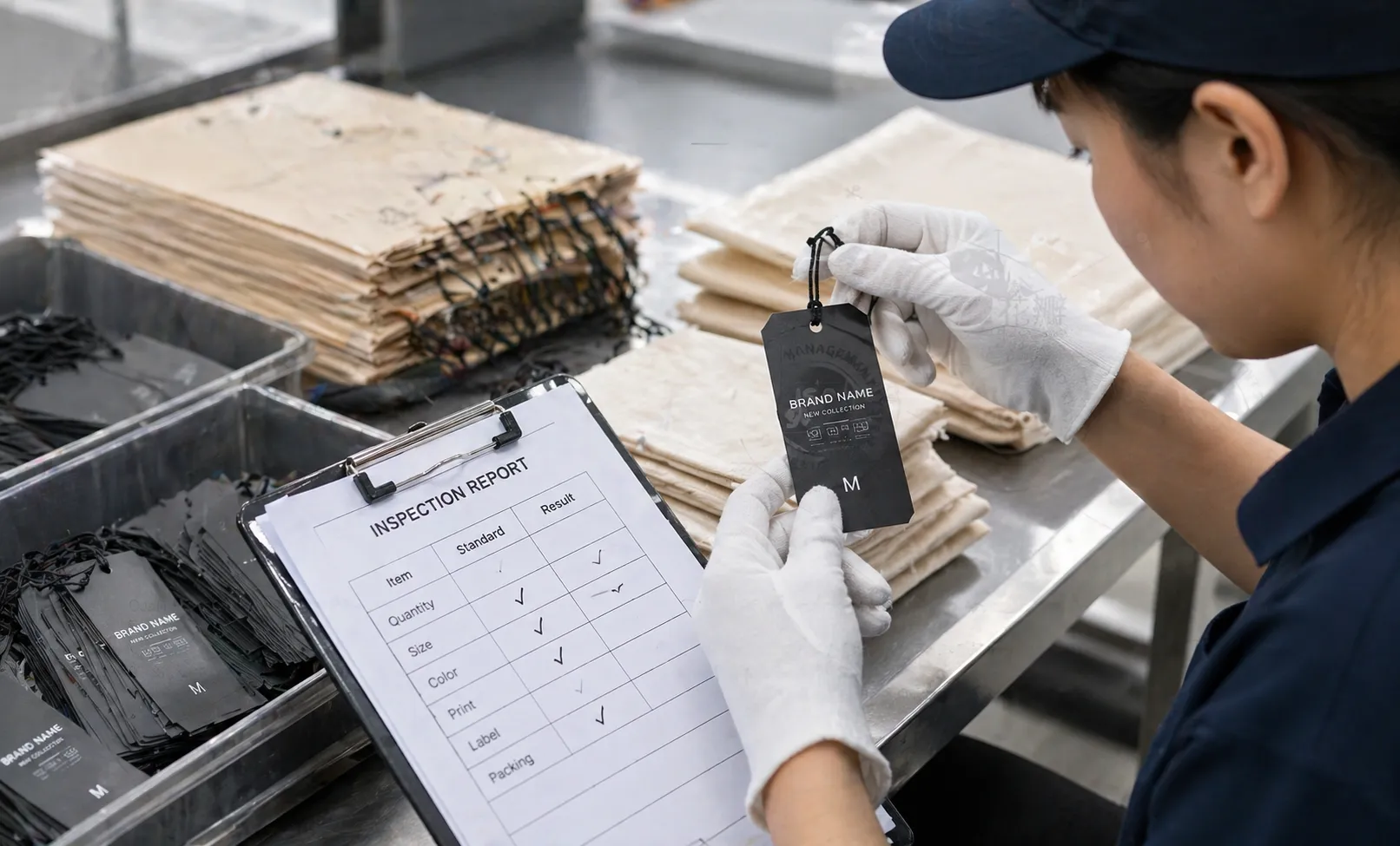 Factory quality control inspection for custom hang tags
