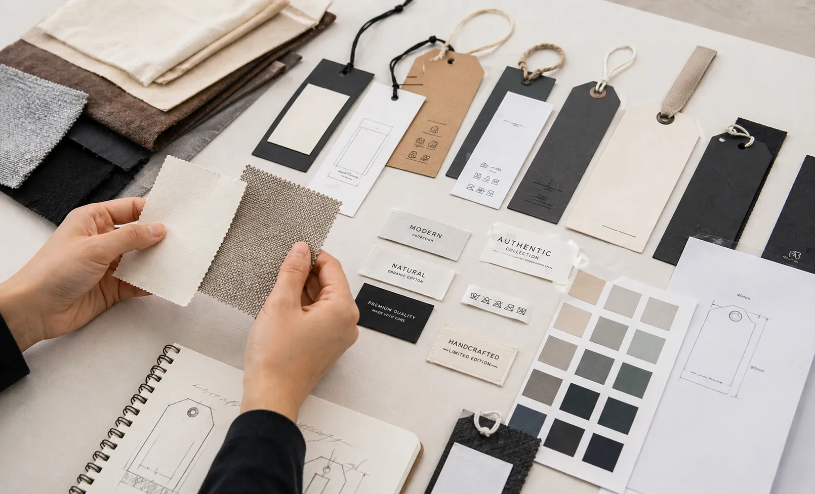 Hands reviewing custom packaging materials and garment trims