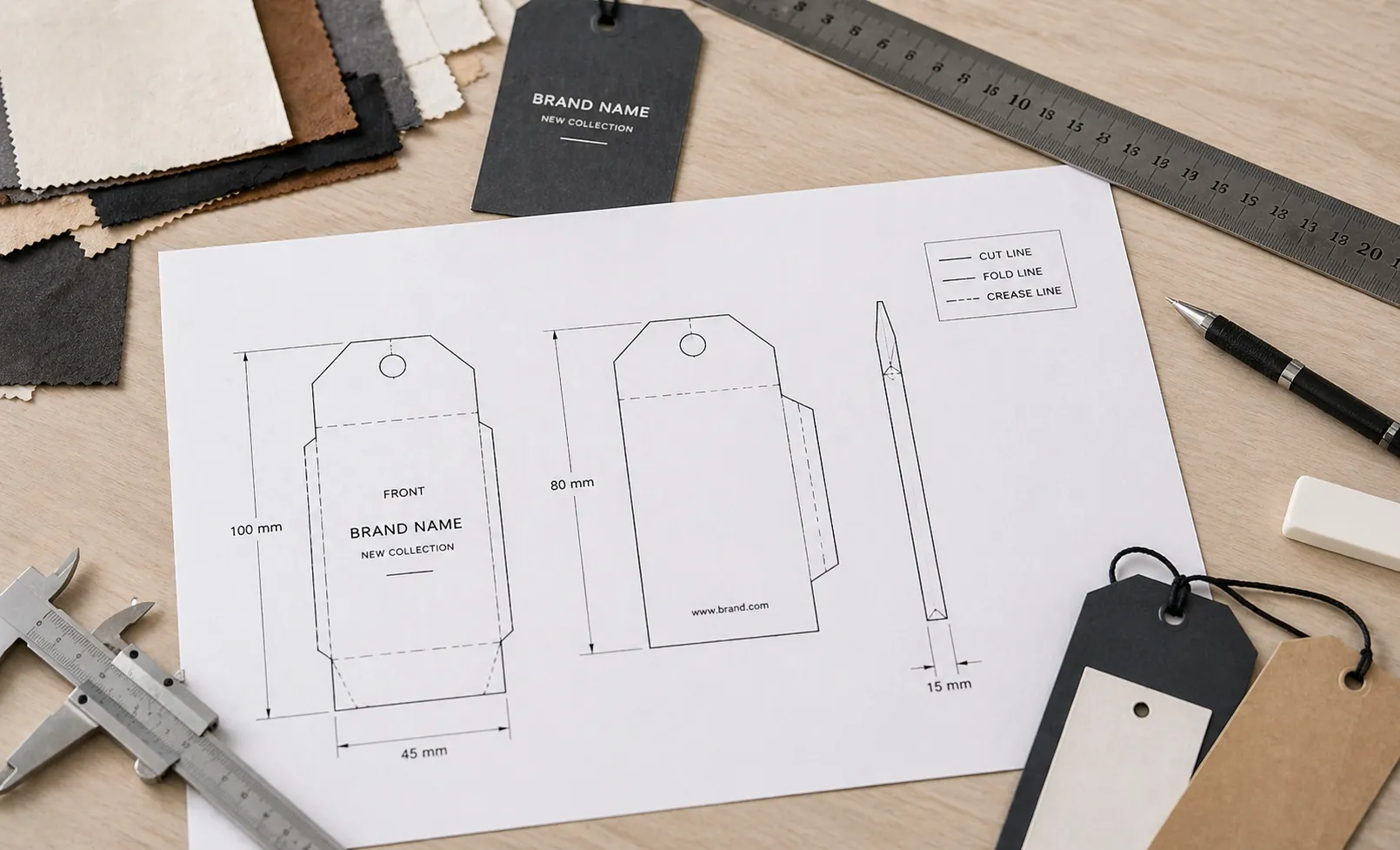 Custom hang tag dieline engineering on a work table
