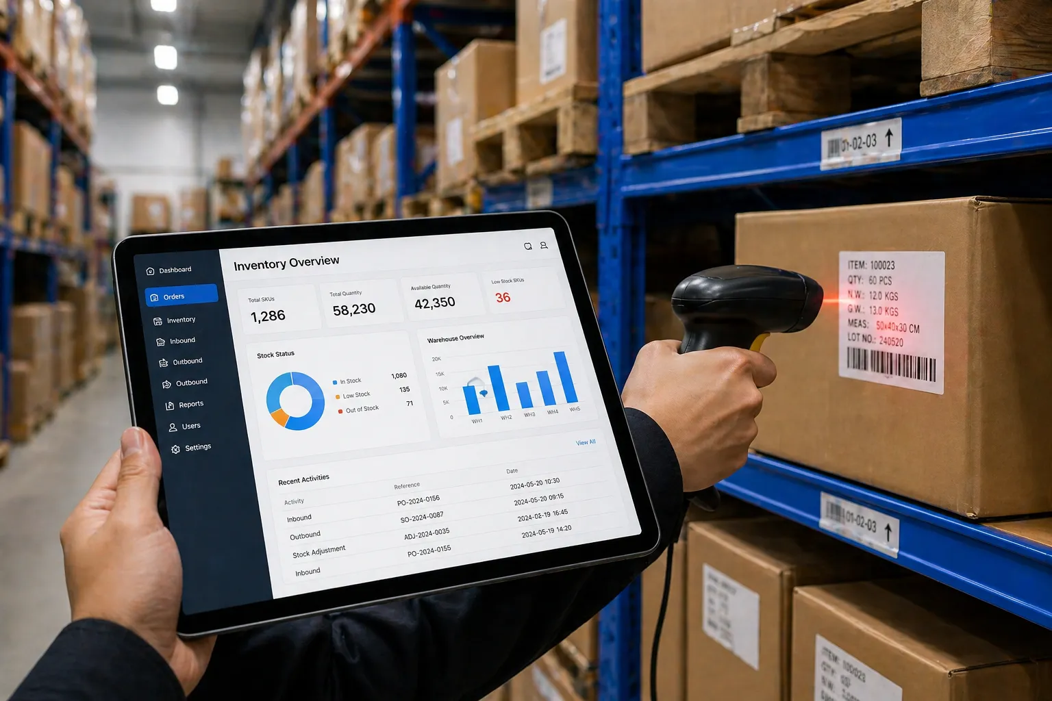 Inventory management dashboard beside warehouse shelving